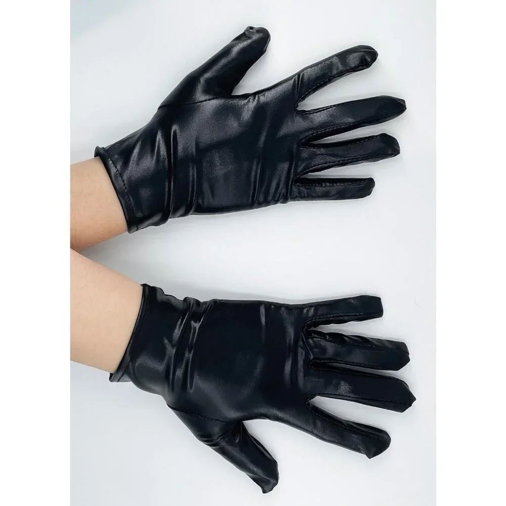 Women's Black Shiny Metallic Wrist Gloves Cosplay Halloween Costume Accessories